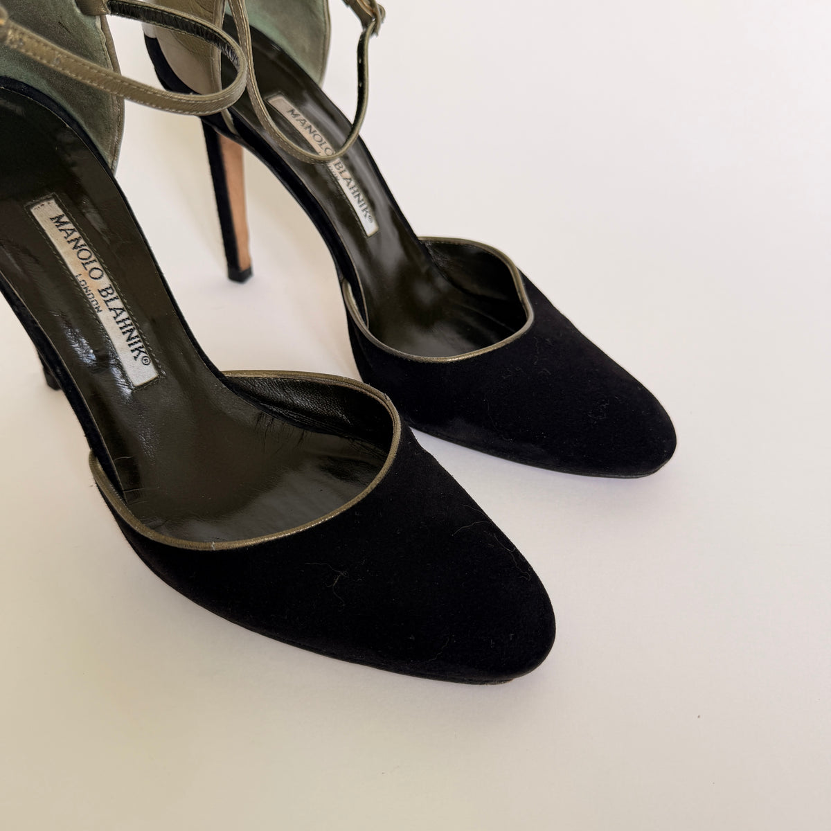 Manolo Blahnik Suede Black and Gold Pumps