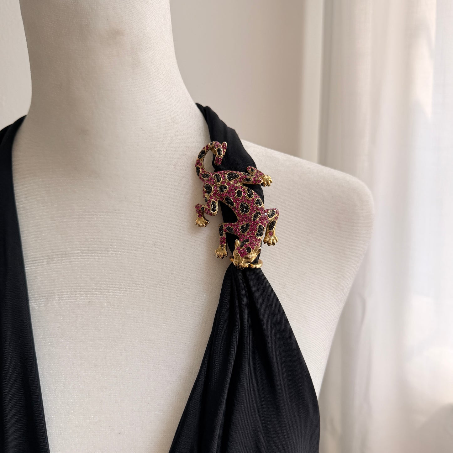 Vintage Iceberg Halter Cowl Dress with Crystal Jaguar Brooch