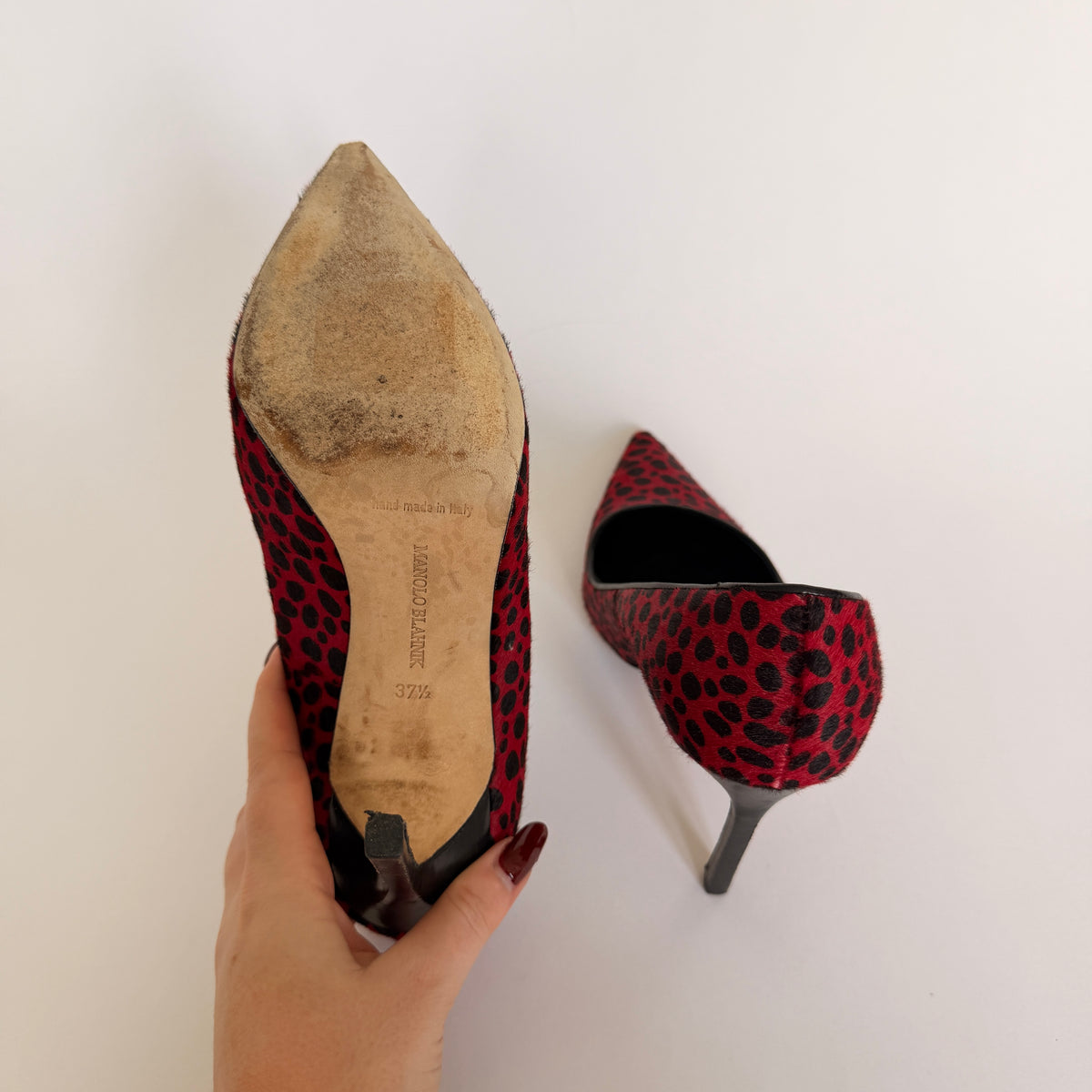 Manolo Blahnik BB Pump in Red/Black Haircalf  (37.5)