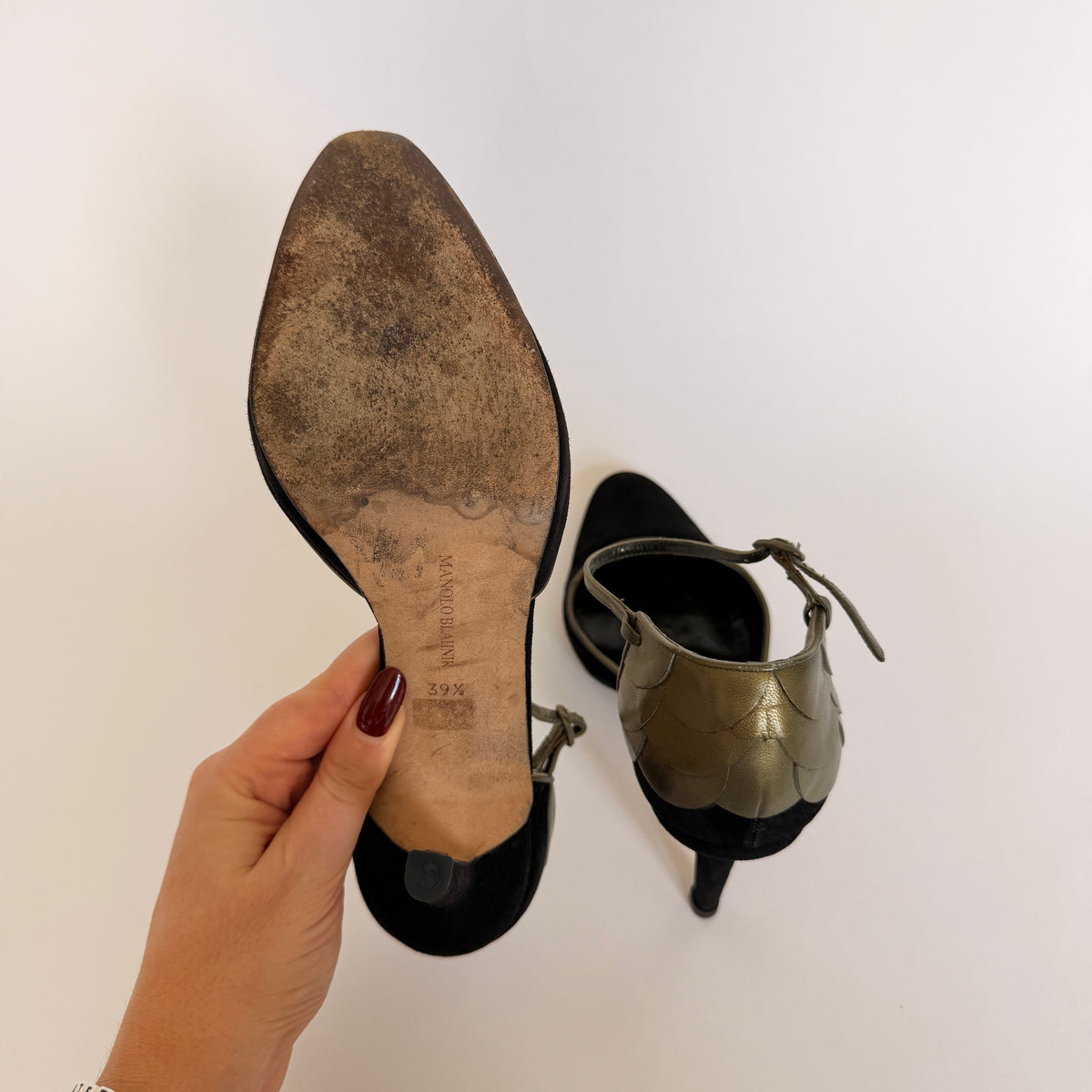 Manolo Blahnik Suede Black and Gold Pumps