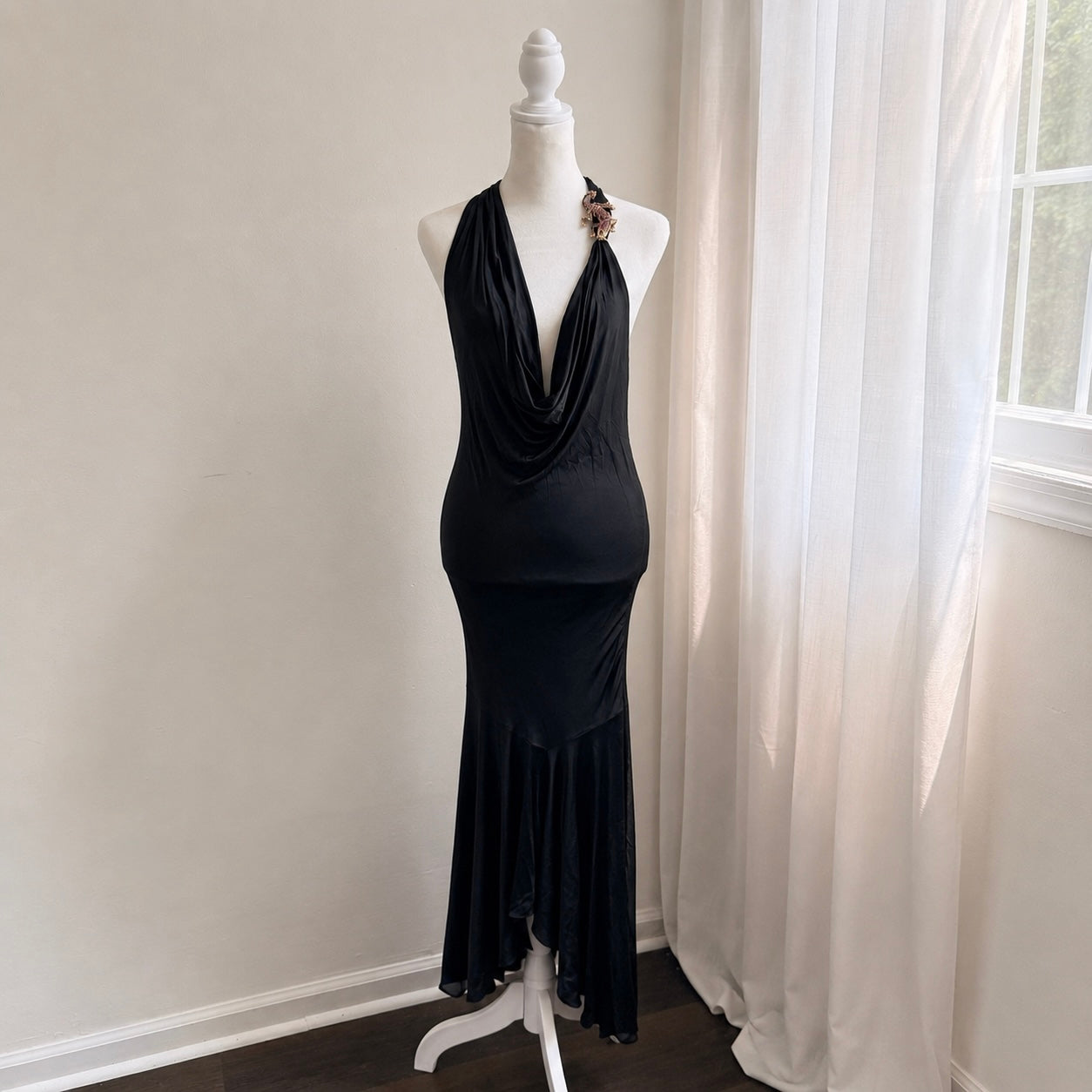 Vintage Iceberg Halter Cowl Dress with Crystal Jaguar Brooch
