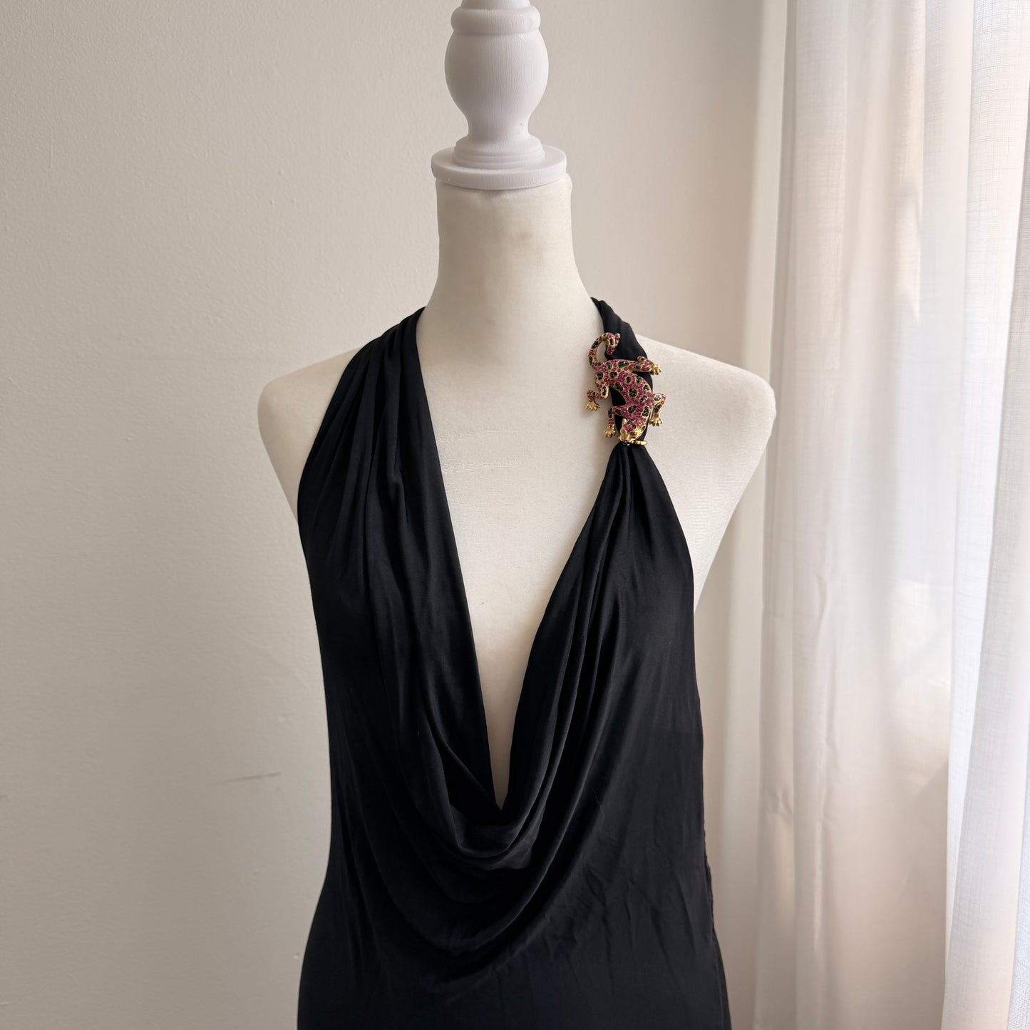 Vintage Iceberg Halter Cowl Dress with Crystal Jaguar Brooch