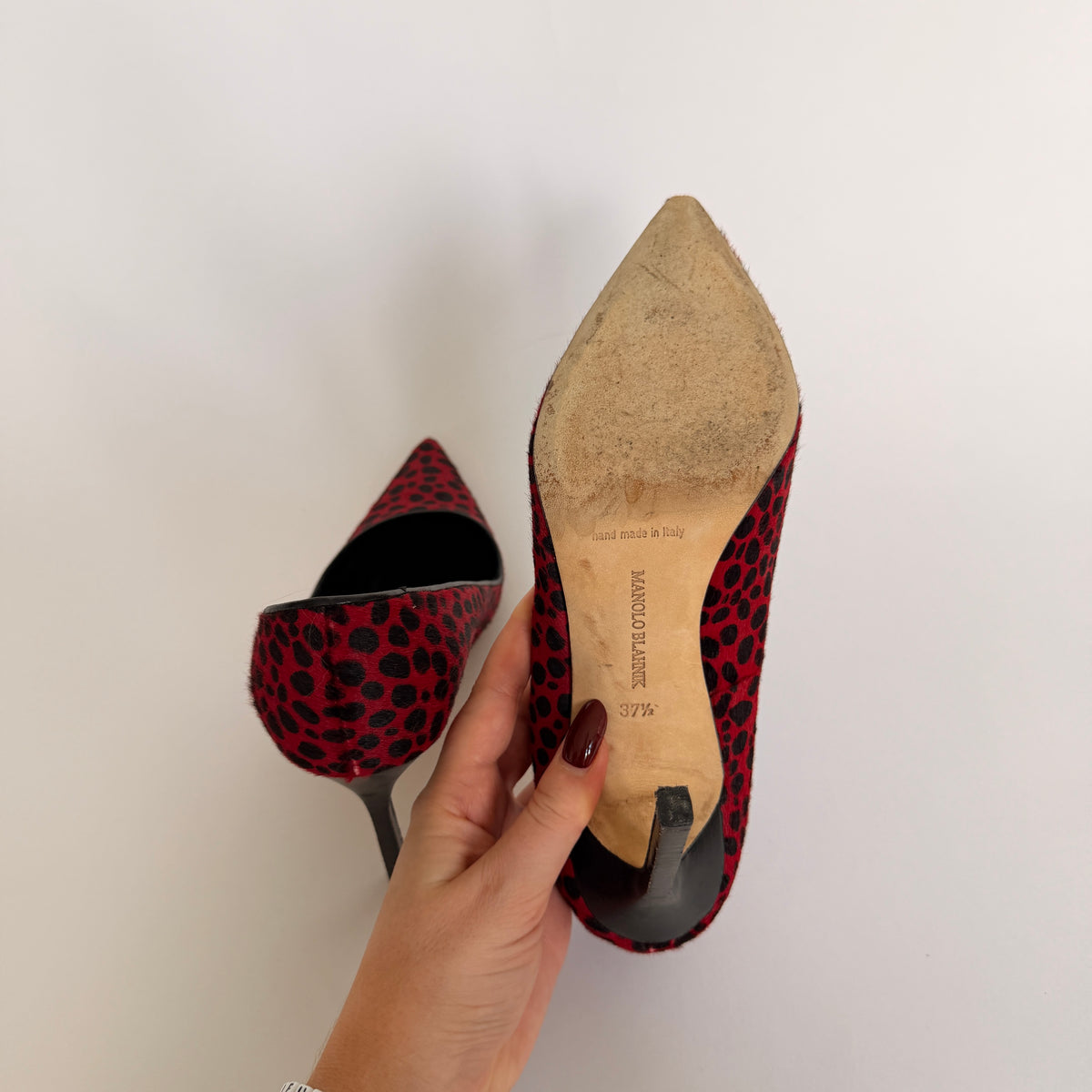 Manolo Blahnik BB Pump in Red/Black Haircalf  (37.5)