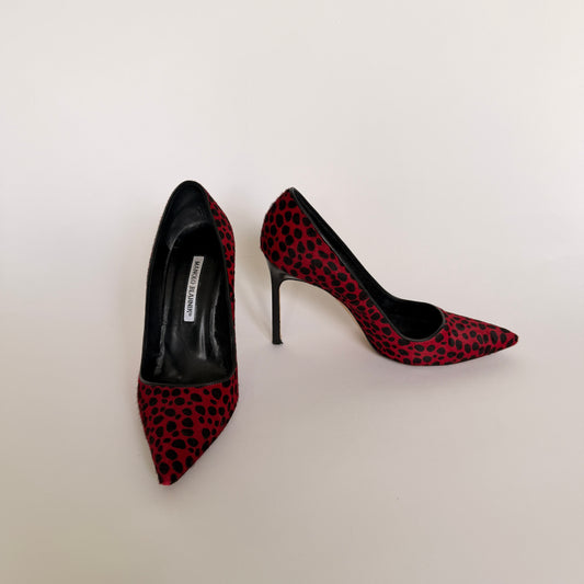 Manolo Blahnik BB Pump in Red/Black Haircalf  (37.5)