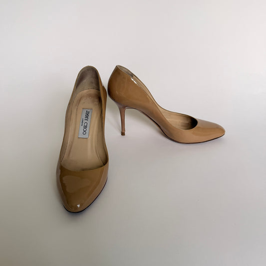Jimmy Choo Patent Leather Nude Heels (37.5)