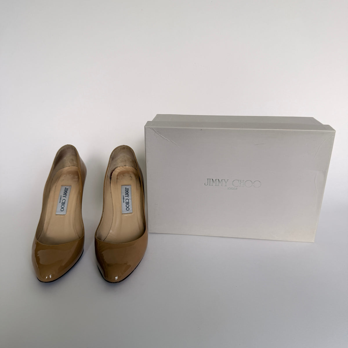 Jimmy Choo Patent Leather Nude Heels (37.5)