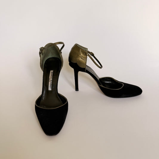 Manolo Blahnik Suede Black and Gold Pumps
