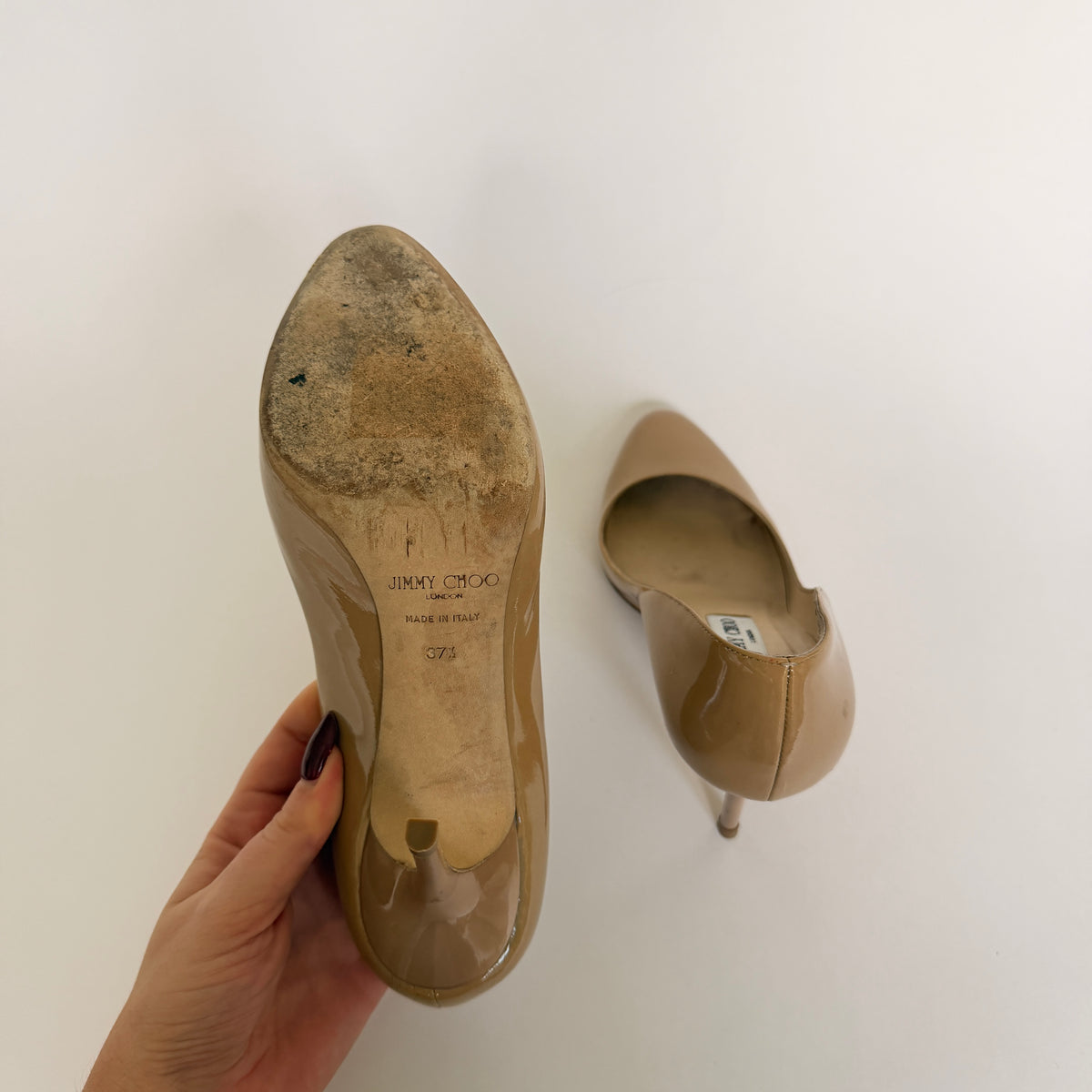 Jimmy Choo Patent Leather Nude Heels (37.5)