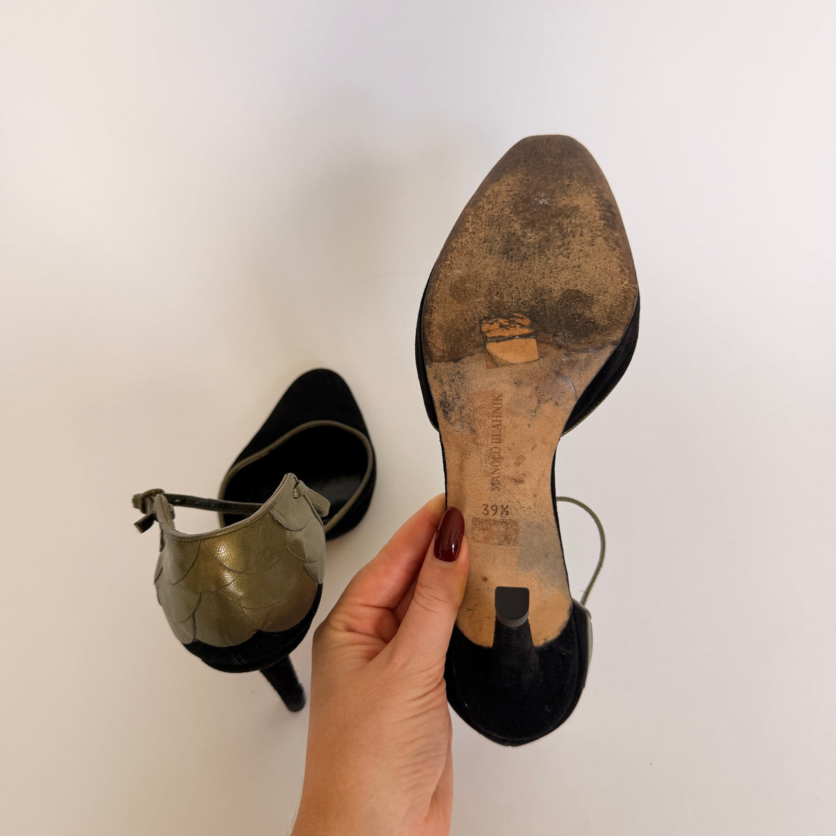 Manolo Blahnik Suede Black and Gold Pumps