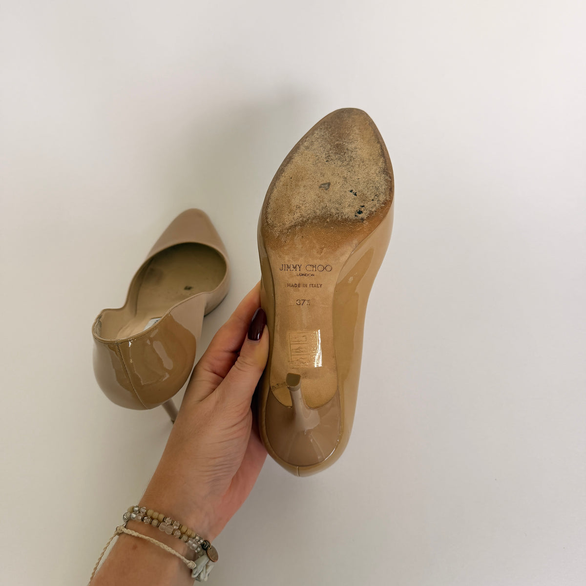 Jimmy Choo Patent Leather Nude Heels (37.5)